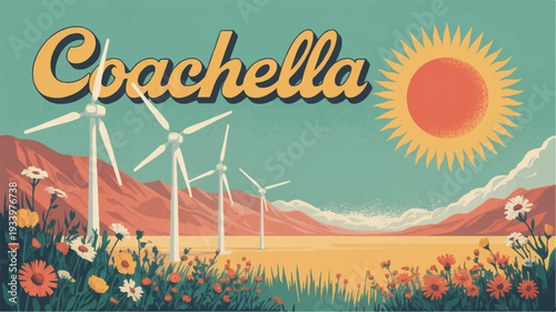 Vibrant coachella music festival illustration with wind turbines and desert flowers under bright sun