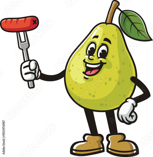 Cartoon pear mascot holding a sausage