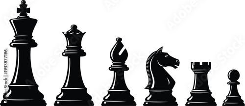 Black Silhouette Chess Pieces King Queen Bishop Knight Rook Pawn White Background Keywords: chess, game, strategy, board game
