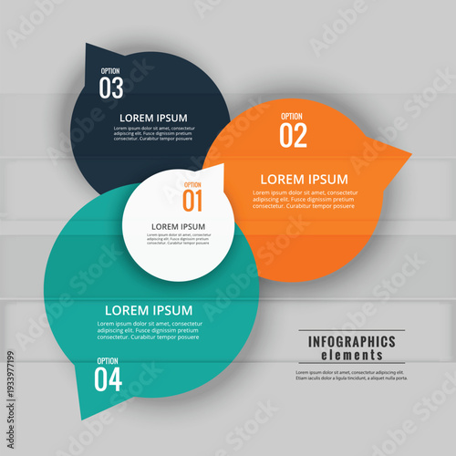 Infographic elements with colorful leaf-shaped bubbles and sample text
