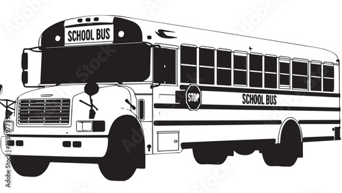 Illustrated School Bus with Front and Side Silhouette in Classic Style.