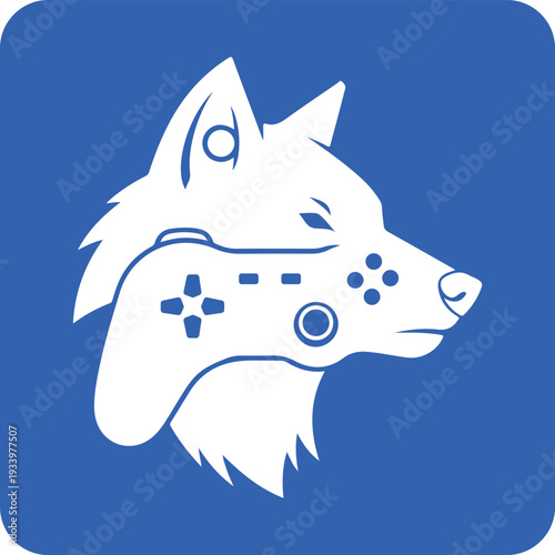 White wolf head with a video game controller over its snout on blue.
