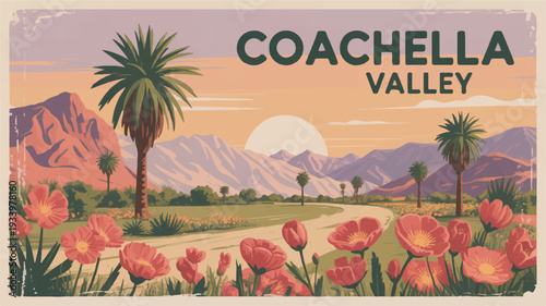 Vibrant coachella valley desert landscape with pink poppies palm trees and mountains at sunset travel poster illustration