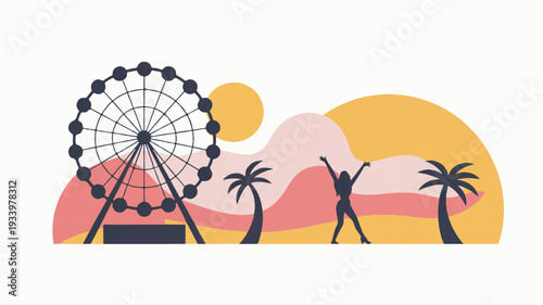 Minimalist festival vector composition with ferris wheel palm trees and joyful person at sunset