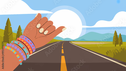 Hitchhiking hand with colorful bohemian bracelets on a scenic road with mountains and sunny sky