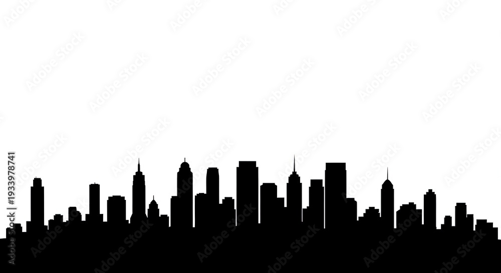 Obraz premium Modern city skyline silhouette at sunset with dramatic sky background