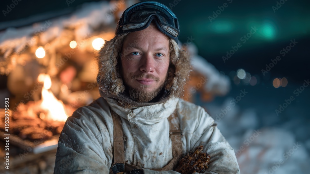 Obraz premium A rugged individual standing confidently in an arctic environment, embodying resilience and survival, against a backdrop of natural beauty illuminated by the aurora.