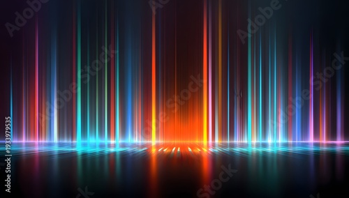 Vertical neon light streaks in vibrant blues oranges and reds reflect on dark glossy surface futuristic abstract background