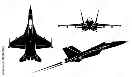 A set of black silhouettes of fighter jets in different flying positions