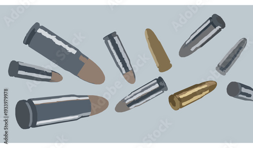 A vector graphic illustration of various bullets and ammunition