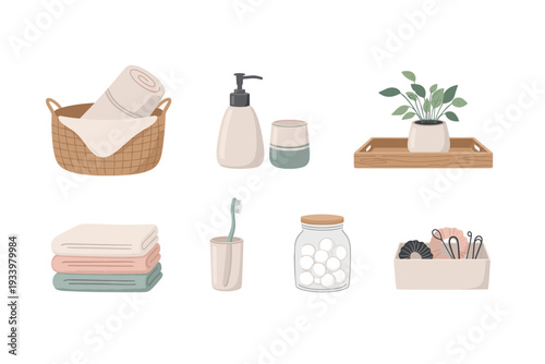 Bathroom essentials and personal care items are neatly arranged in a charming, minimalist flat illustration style, perfect for home decor and hygiene concepts.