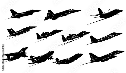 A set of black silhouettes of various fighter jets in flight on a white background