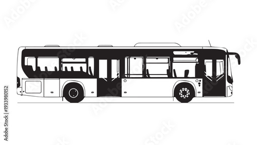 Black and white silhouette of a public transit bus traveling along a street.
