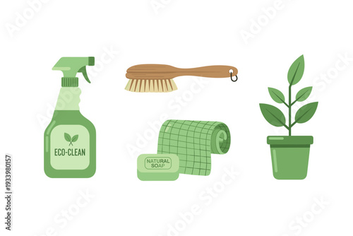 Eco-friendly cleaning supplies and a potted plant are neatly arranged, symbolizing sustainable living, natural home care, and environmental responsibility.