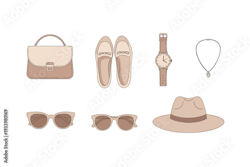 Fashion accessories collection featuring a stylish handbag, elegant loafers, a classic wristwatch, and other essential items for a complete outfit.