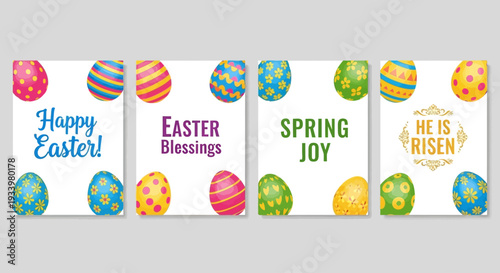 Vibrant Easter-themed banners with colorful eggs and joyful messages displayed prominently in a festive spring celebration