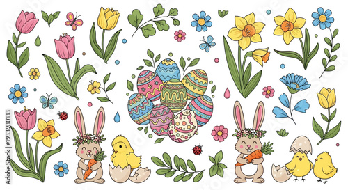 Easter celebration with bunnies, eggs, and flowers in a vibrant garden scene from a frontal viewpoint