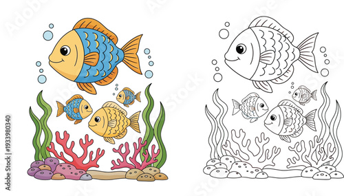 Cute cartoon fishes under the sea coloring book page. Underwater landscape with corals and seaweed vector illustration. Colored and black and white versions.