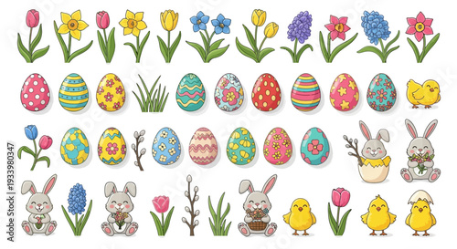 A vibrant Easter-themed collection featuring bunnies, eggs, and flowers in a festive arrangement