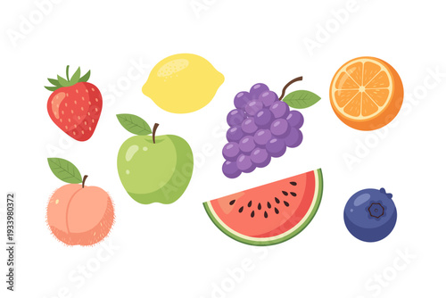 Various fresh fruits collection featuring healthy organic produce like strawberries, lemons, apples, grapes, oranges, peaches, watermelons, and blueberries in a vibrant illustration.