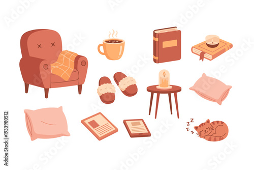 Various cozy home items for ultimate relaxation and comfort, including an armchair, books, slippers, and a sleeping cat, creating a warm and inviting atmosphere.