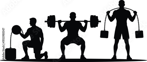 Black and white vector silhouette of strong men lifting heavy weights with barbells and chains in a gym for bodybuilding and fitness training concepts