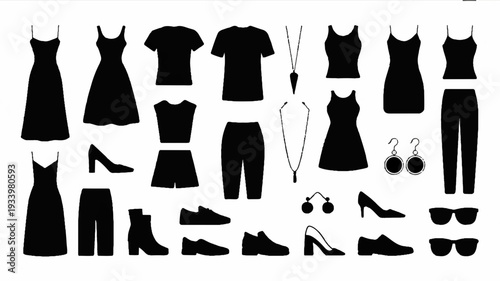 Collection of black silhouette fashion icons including clothing and accessories on white background for design