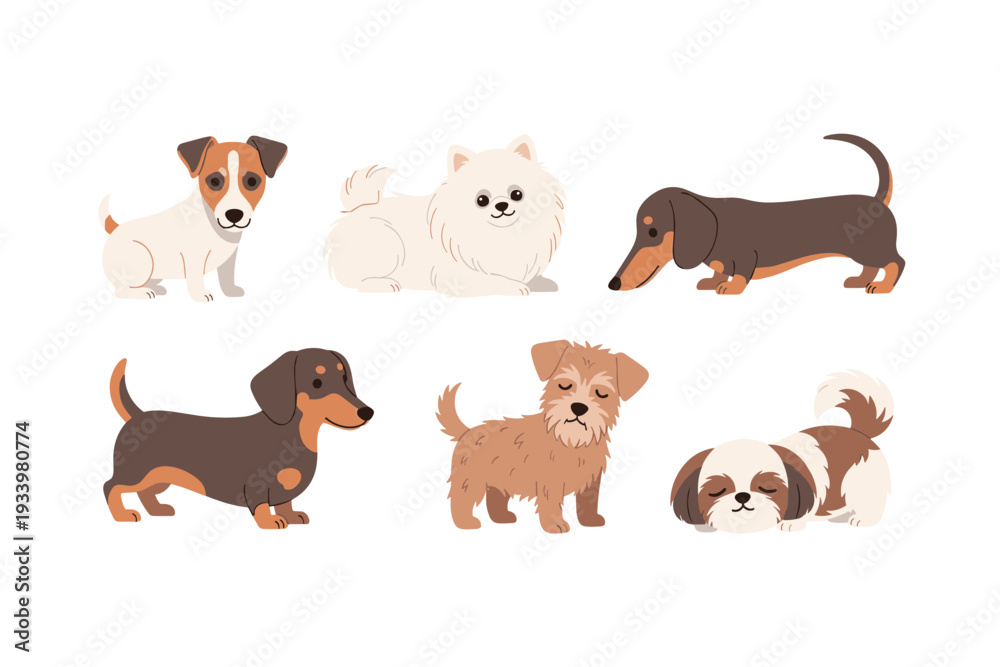 Fototapeta premium Cute cartoon dogs in various poses and breeds, showcasing different types of adorable puppies with friendly expressions, perfect for pet-related designs.