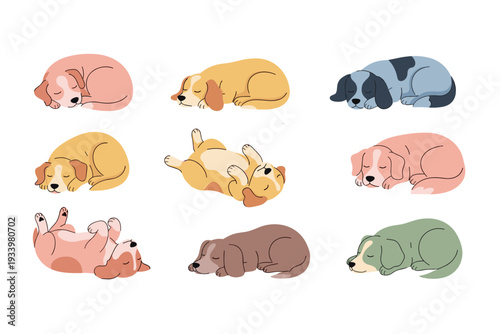 Cute sleeping puppies in various positions are peacefully dreaming, showcasing their adorable and relaxed slumber in a charming cartoon illustration.
