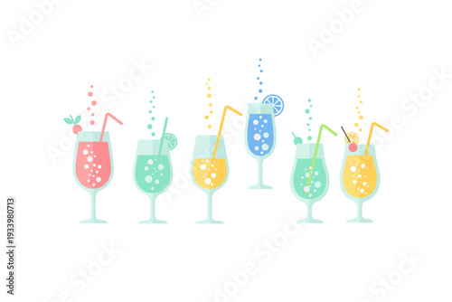 Colorful refreshing summer cocktails with straws and fruit garnishes, featuring a variety of vibrant drinks in elegant glasses, perfect for celebrations and parties.