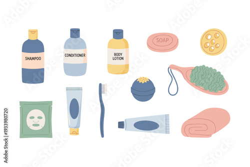Bath and body care products, including shampoo, conditioner, lotion, soap, and a towel, are neatly arranged in a flat lay style, representing daily hygiene and self-care routines.