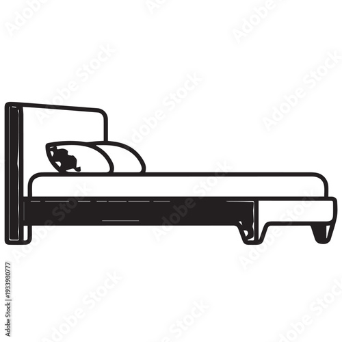 Minimalist line drawing of a bed with headboard and pillow in a simple bedroom scene.
