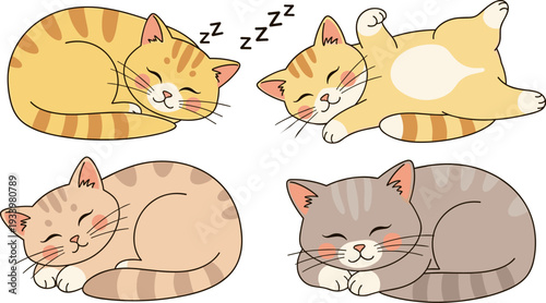 Four cute cartoon cats sleeping peacefully in various adorable positions, showcasing their sweet dreams, relaxed feline nature, and charming striped patterns.
