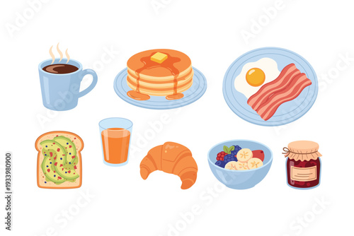 Delicious breakfast food items for a healthy morning meal, including pancakes, eggs, bacon, coffee, and fruit, presented in a vibrant cartoon style.
