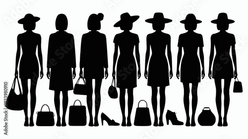 Seven women in dresses and hats with handbags and shoes silhouettes vector illustration