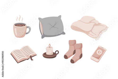 Cozy comfort items for a relaxing evening at home, including a warm drink, soft blanket, book, candle, and socks, perfect for self-care and relaxation.