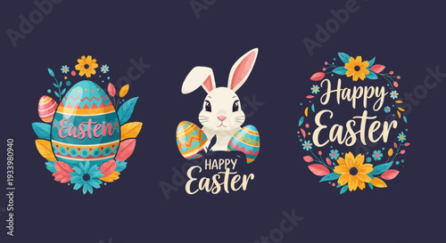 Easter themed illustrations featuring a bunny and eggs surrounded by floral decorations from a direct viewpoint