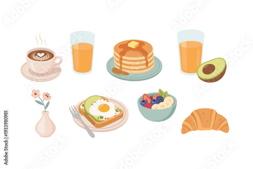 Collection of delicious breakfast food items arranged neatly, offering a variety of healthy and sweet options for a perfect morning meal.