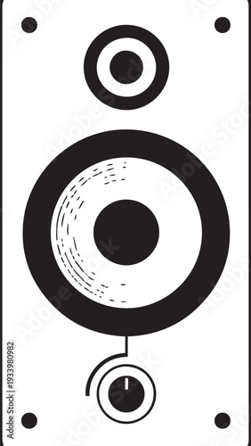 Monochrome stereo speaker illustration with circular elements and mounting corners for a bold audio design.