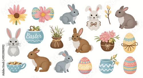 Collection of Easter-themed illustrations featuring bunnies, eggs, flowers, and baskets from a top-down viewpoint.