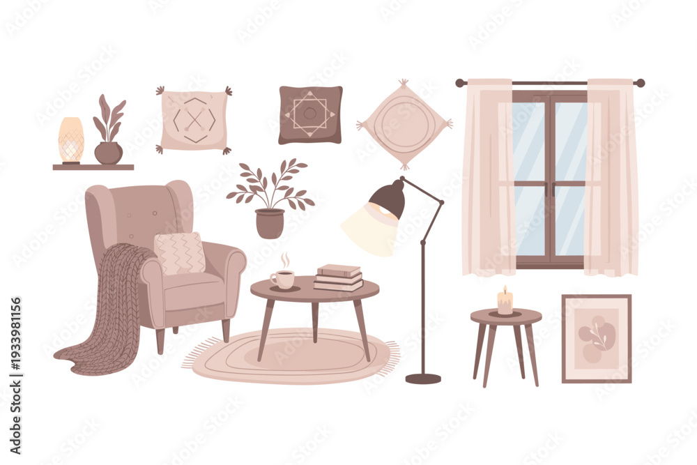 Fototapeta premium Collection of cozy home interior decor elements arranged for a comfortable and inviting living space design, perfect for relaxation.