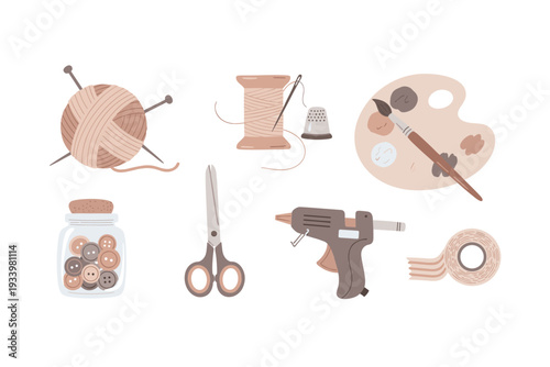 Crafting and sewing supplies are neatly arranged, showcasing a diverse collection of tools and materials for creative hobbies and DIY projects.