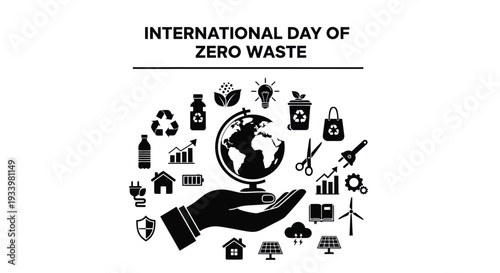 Black and white vector graphic illustration celebrating the international day of zero waste awareness