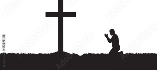 Man kneeling in prayer beside a large cross silhouette