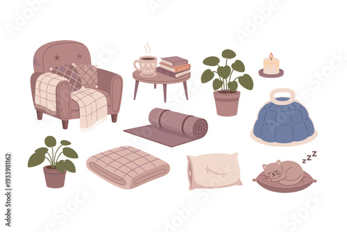 Delightful collection of cozy home items, including a comfortable armchair, steaming mug, books, plants, and a sleeping cat, creating a serene atmosphere.