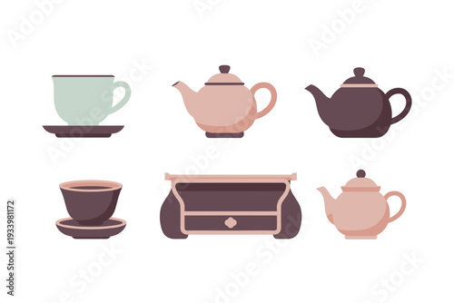 Tea ceremony items flat design collection features various elegant teacups, teapots, and a tea caddy in a minimalist, modern style.