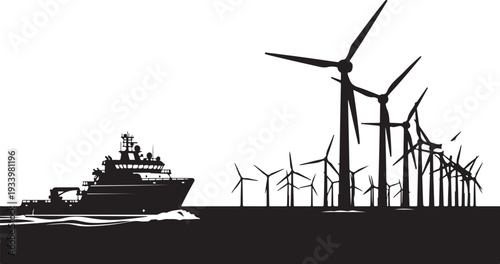Silhouette of ship sailing past offshore wind farm turbines
