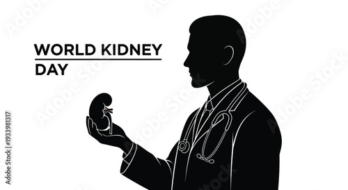 Vector graphic illustration promoting awareness for world kidney day featuring a silhouette doctor holding an organ