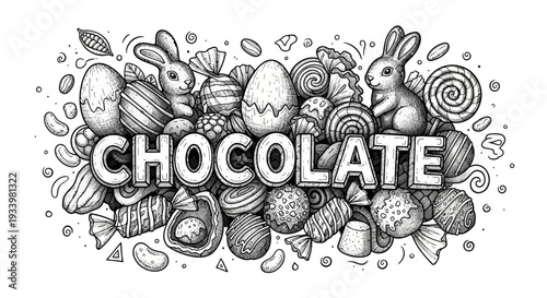 Assorted Chocolate Illustrations Featuring Easter Eggs and Bunnies in a Detailed Black and White Graphic Design