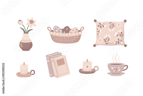 Collection of cozy home decor and spring items, including flowers in a vase, Easter eggs in a basket, a decorative pillow, candles, books, and a steaming cup.